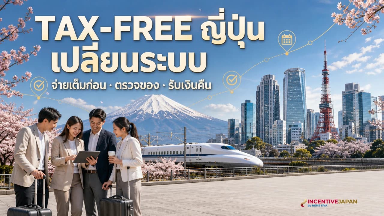 ภาพปกทีมบริษัทไทยชำระเงินที่เคาน์เตอร์ Tax-Free ญี่ปุ่น พร้อมใบเสร็จและกระเป๋าช้อปปิ้งสำหรับตรวจตอนออกจากประเทศ