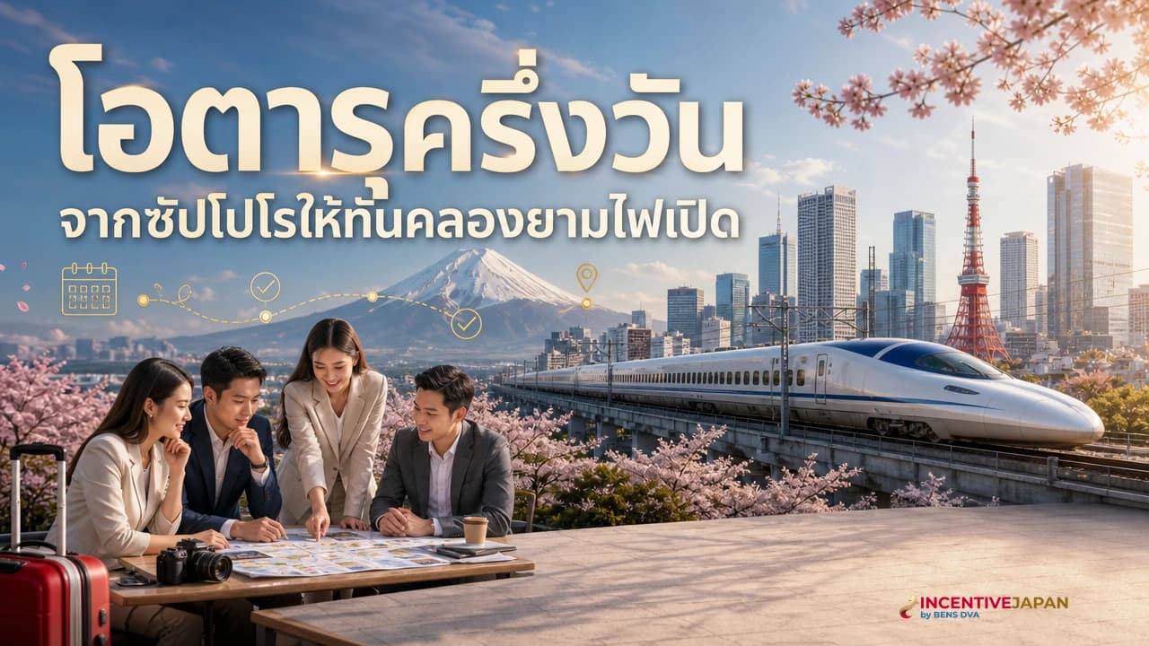 ภาพปกกรุ๊ปองค์กรไทยเดินเลียบคลองโอตารุช่วงแสงเย็น มีโกดังหินและโคมก๊าซริมคลอง